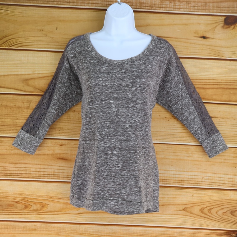 Maurices 3/4 Sleeve Blouse Shirt Womens Size S Dark Brown Heathered Lace Accent